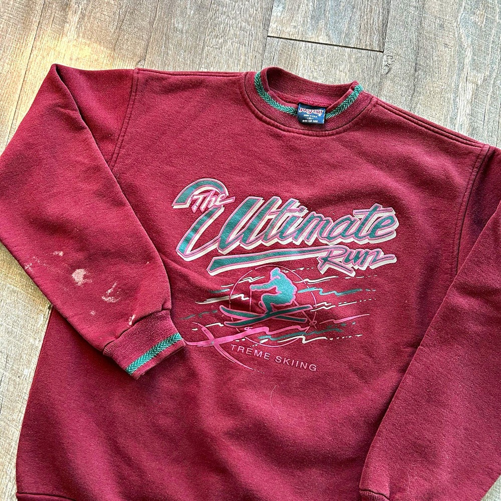 JanSport Mens L Burgundy Crewneck Pullover Fleece Sweatshirt Skier Graphic 90s